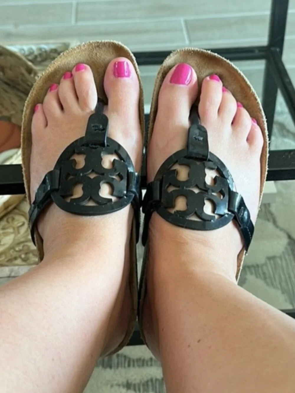 Tory Burch Miller Cloud Cork Sandals Black Patent Size 7.5